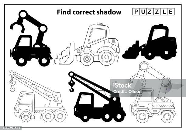 Puzzle Game For Kids Find Correct Shadow Construction Vehicles Cartoon Truck  Crane Loader Or Lift Truck And Bulldozer Coloring Book For Children Stock  Illustration - Download Image Now - iStock