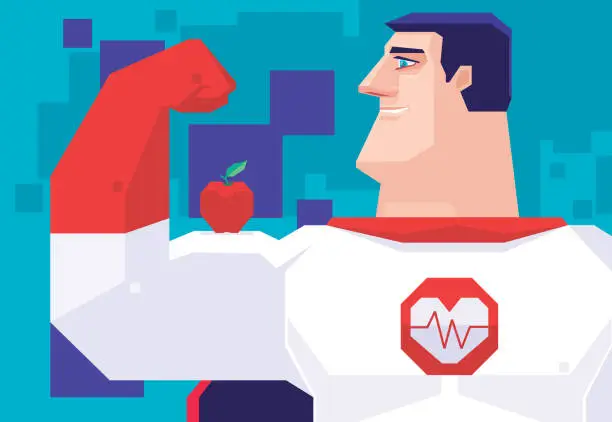 Vector illustration of super hero flexing arm with apple
