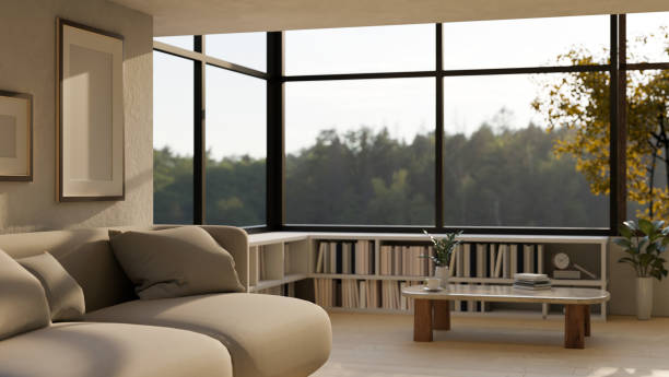 istock Modern contemporary living room interior with comfortable couch, coffee table and low bookcase 1432792321