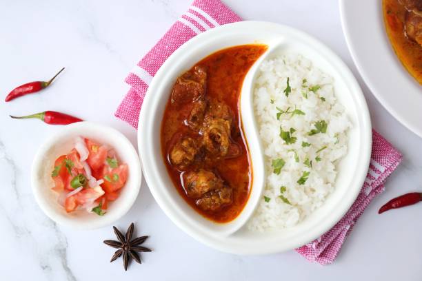 shahi hammelfleisch-curry, hammel-masala, hammel-korma ist ein berühmtes würziges nicht-vegetarisches gericht indiens. es wird aus ziegenfleisch zusammen mit gewürzen hergestellt. serviert mit reis und roti. leerzeichen kopieren. - nonvegetarian stock-fotos und bilder