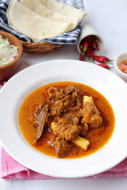 shahi mutton curry, mutton masala, mutton korma est un célèbre plat épicé non végétarien de l’inde. il est fait de viande de chèvre avec des épices. servi avec du riz et du roti. espace de copie. - nonvegetarian photos et images de collection