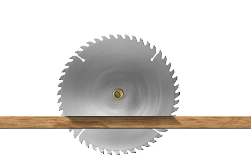 Closeup of a metal circular saw blade that cutting a plank of wood. Isolated on white background. Carpentry concept. 3D illustration.
