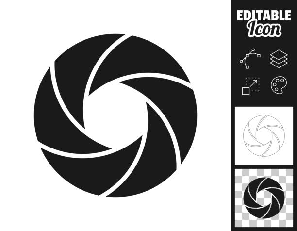 Camera shutter. Icon for design. Easily editable Icon of "Camera shutter" for your own design. Three icons with editable stroke included in the bundle: - One black icon on a white background. - One line icon with only a thin black outline in a line art style (you can adjust the stroke weight as you want). - One icon on a blank transparent background (for change background or texture). The layers are named to facilitate your customization. Vector Illustration (EPS file, well layered and grouped). Easy to edit, manipulate, resize or colorize. Vector and Jpeg file of different sizes. photo png pictures stock illustrations