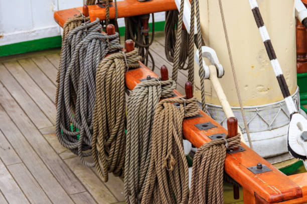 istock Nautical ropes on a deck of a large  ship 1432797387