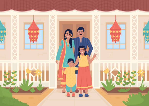 Family welcoming guests at front porch flat color vector illustration Family welcoming guests at front porch flat color vector illustration. Greeting visitors. Diwali festival tradition. Fully editable 2D simple cartoon characters with house exterior on background diwali home stock illustrations