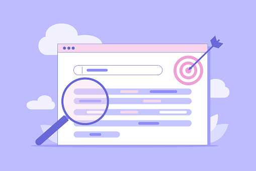 Lsi keyword research and seo optimization. Web analysis and seo  concept. Analyzing SERPs with magnifying glass. Vector flat illustration for landing page, banner, site