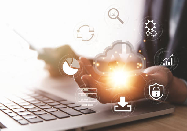 istock Businessman's hands showing a diagram of Cloud computing information technology icon. Concept of digital connection on communication networks. cloud storage security and internet service 1432797896