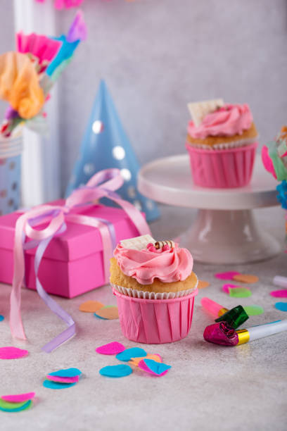 Birthday partry concept with cupcake stock photo