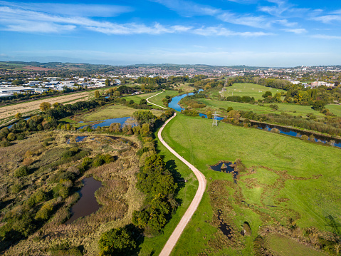 Aerial view over River Exe County Park in Exeter