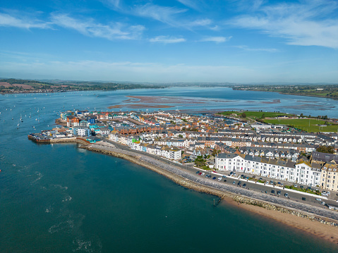 Aerial view of Exmouth beach and town seafront in Devon