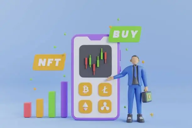 Photo of buy button of NFT non fungible token for crypto art on blue background. 3d rendering concept NFT or non fungible token for artwork. 3d rendering