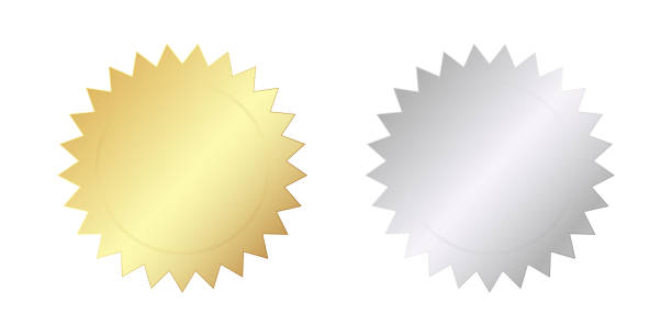 A set of gold and silver badges in the form of multi-pointed stars with a circle in the center. Vector illustration. A set of gold and silver badges in the form of multi-pointed stars with a circle in the center. multi medal stock illustrations