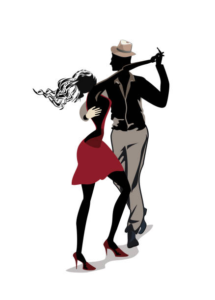 Beautiful romantic couple in passionate Latin American dances. Salsa festival. Hand drawn poster background. Abstract dancing couple decorated with splashes, waves, notes. Hand drawn vector illustration for t shirts, covers, wallpaper, greeting cards, wall-art, invitations. female salsa dancer stock illustrations