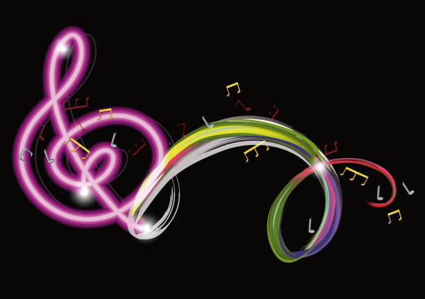 istock Abstract musical design with a treble clef and colorful splashes, notes and waves.  Colorful treble clef. 1432802497