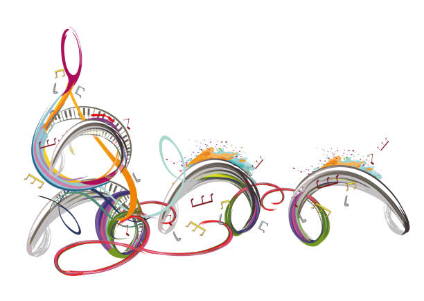ilustrações de stock, clip art, desenhos animados e ícones de abstract musical design with a treble clef and colorful splashes, notes and waves.  colorful treble clef. - guitar illustration and painting abstract pattern