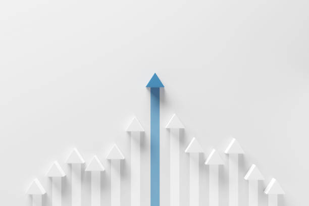 istock Minimal blue arrow up to growth success on white background, progress way and forward achievement creative concept. copy space. 1432802642