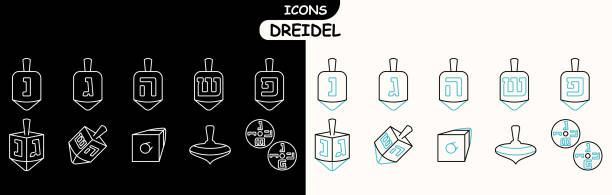 set of contour icons on black background dreidels set of outline and simple dreidel icons. icons for web browser. icons: dreidel with letters, dreidel at an angle and others. kosher logo stock illustrations