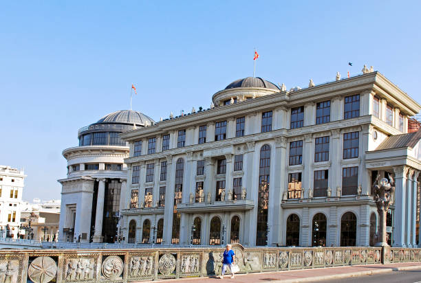 Majestic view of the Foreign Office building over the Vardar River in the Macedonian city of Skopje.
