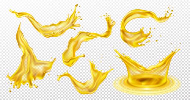 illustrazioni stock, clip art, cartoni animati e icone di tendenza di spruzzo giallo. movimento dell'olio, succo di limone o ananas, gocciolamento di birra e gocce. spruzzi liquidi, onde d'acqua 3d, bibita pubblicitaria o miele. elementi realistici per il design. set isolato vettoriale - cooking oil drop honey beer