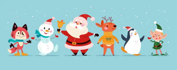Vector illustration of Merry Christmas concept with Santa Claus and winter animals stand together.