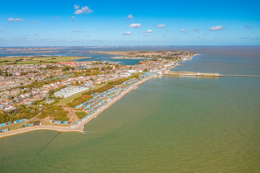Aerial photo from a drone of the seafront at Walton-on-the-Naze, Essex, UK.