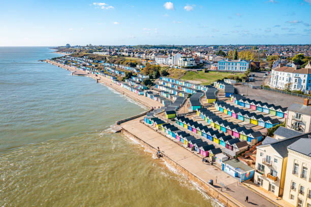 Walton-on-the-Naze seafront Aerial photo from a drone of the seafront at Walton-on-the-Naze, Essex, UK. essex stock pictures, royalty-free photos & images