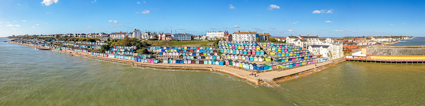 Wide 180 degree panorama from a drone of Walton-on-the-Naze's seafront including almost all of the beach huts and start of the pier.