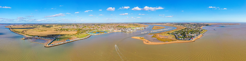 Wide panorama aerial photo from a drone of Brightlingsea and Point Clear in Essex, UK.