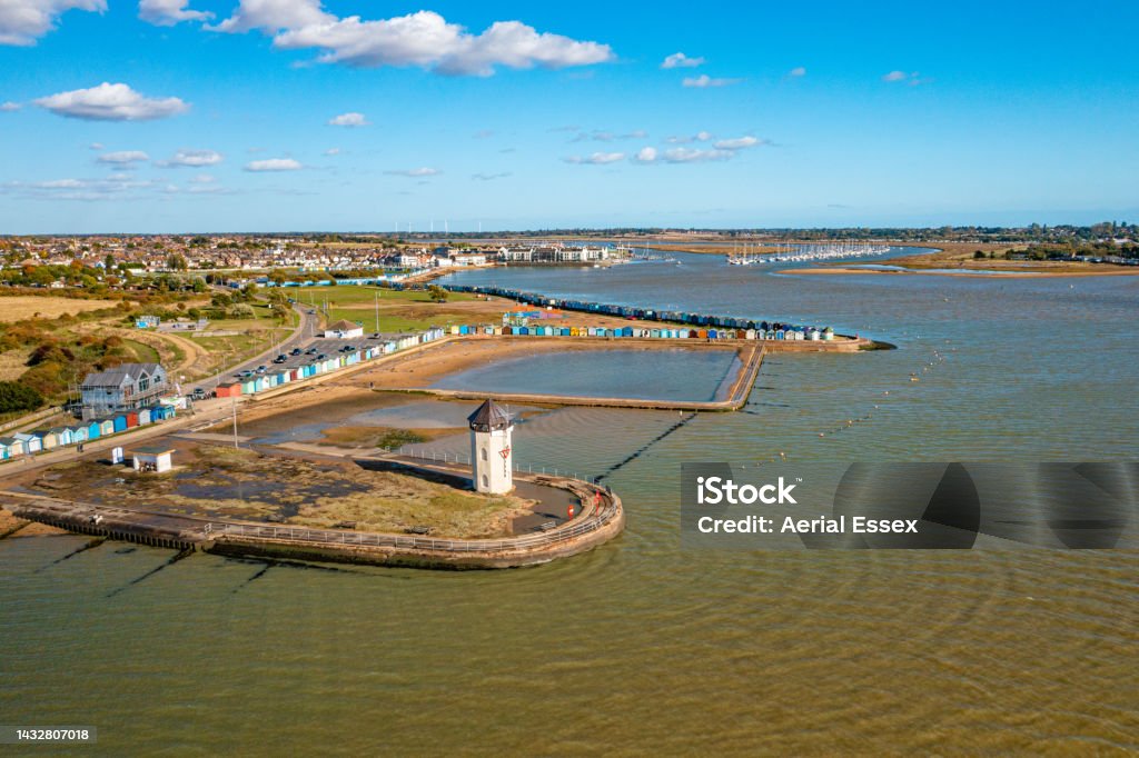 Brightlingsea Promenade Aerial photo from a drone of Brightlingsea Promenade including Batemans Tower in Essex, UK. Aerial View Stock Photo