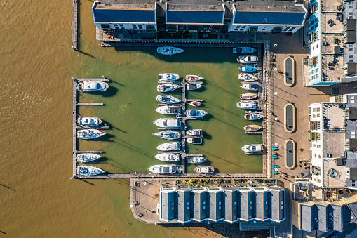 Aerial photo from a drone looking down at the marina in Brightlingsea Harbour, Essex, UK.