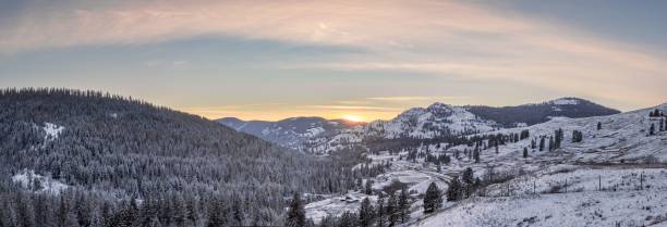 istock Panoramic shot of a snowy forested mountains at sunset 1432808417