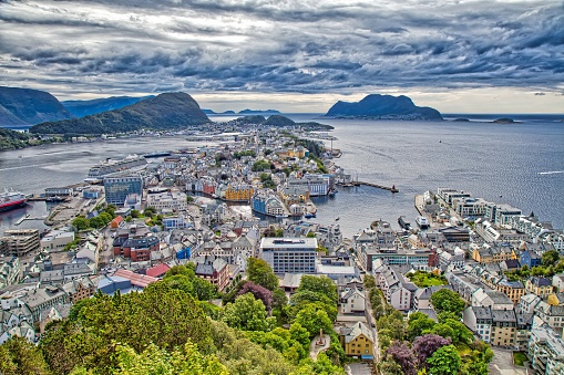 Alesund city, Norway. Aerial view from Aksla mountain.