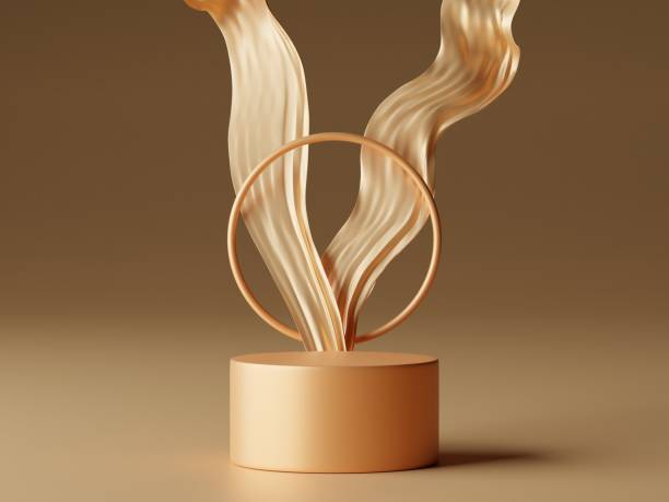 istock Abstract geometric composition with flying silk , Natural stone step pedestal and Nature wind fabric wave. 3D render. Mock up for exhibitions. 1432810481