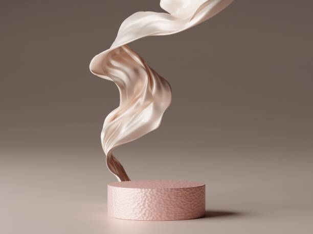 istock Abstract geometric composition with flying silk , Natural stone step pedestal and Nature wind fabric wave. 3D render. Mock up for exhibitions. 1432811009