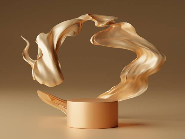 istock Abstract geometric composition with flying silk , Natural stone step pedestal and Nature wind fabric wave. 3D render. Mock up for exhibitions. 1432811047