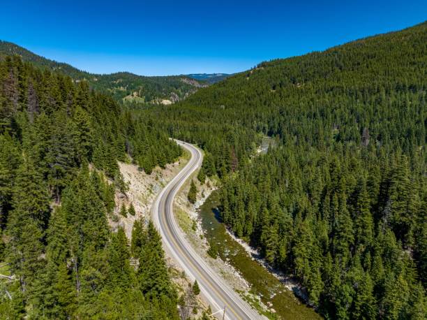 istock Drone view of Crowsnest Highway by river passing through rocks, dense forests and mountains, Canada. 1432813002