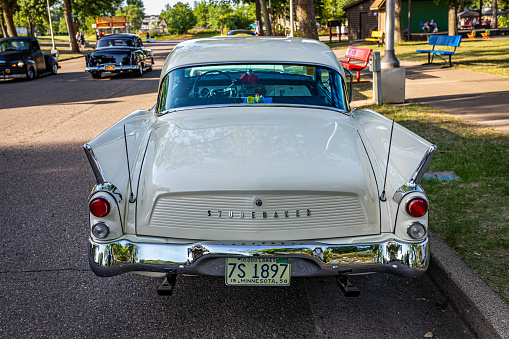Falcon Heights, MN - June 19, 2022: High perspective rear view of a 1959 Studebaker Silver Hawk Coupe at a local car show.
