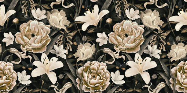 ilustrações, clipart, desenhos animados e ícones de vintage escuro com lindas flores. papel de parede floral com lírios brancos, peônias, tulipas, borboletas. fundo floral vintage luxuoso. - magnolia white blossom black