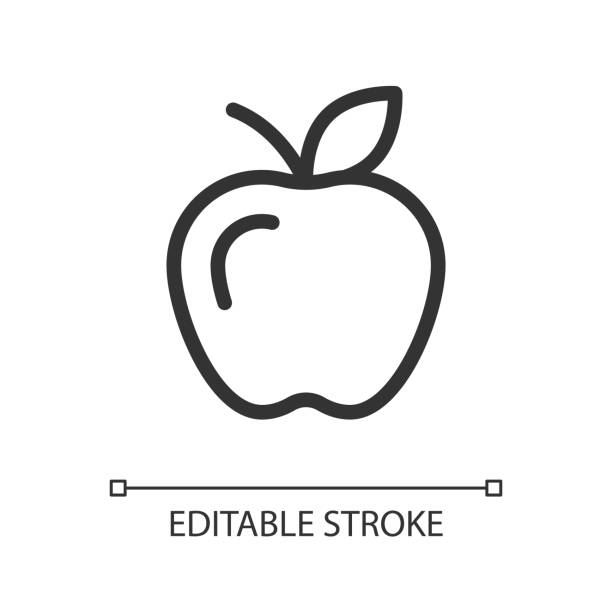 Apple pixel perfect linear ui icon Apple pixel perfect linear ui icon. Delicious and sweet fruit. Healthy food. Fresh product. GUI, UX design. Outline isolated user interface element for app and web. Editable stroke. Arial font used Apple stock illustrations