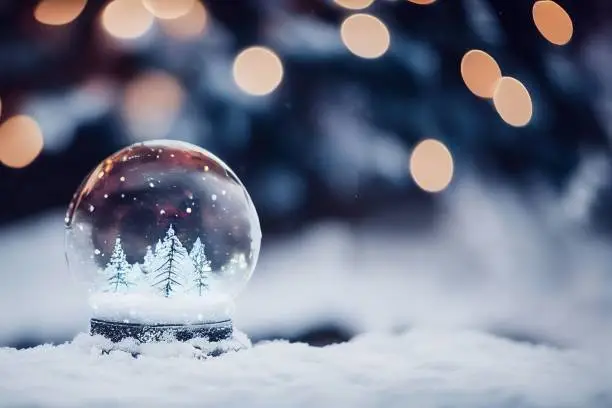 A closeup shot of a beautiful snow globe on the background of bokeh lights