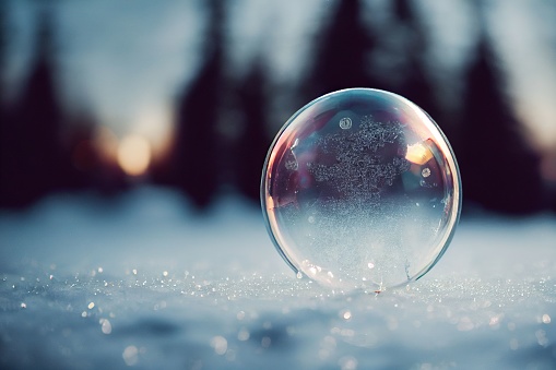 A closeup shot of a frozen bubble on the snow