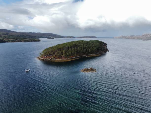 istock Aerial view of a small forested island under a cloudy sky 1432818923