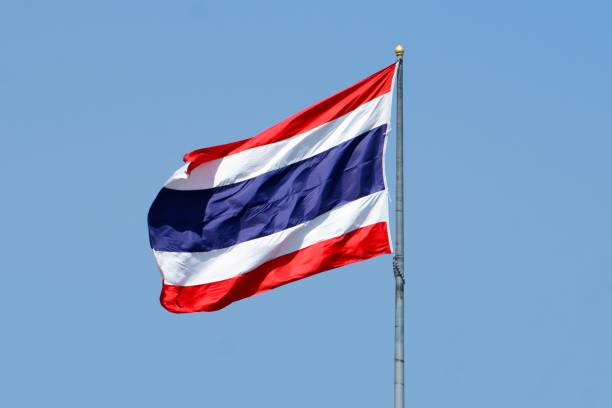 istock thailand flag waving in wind in front of bright blue sky 1432819236