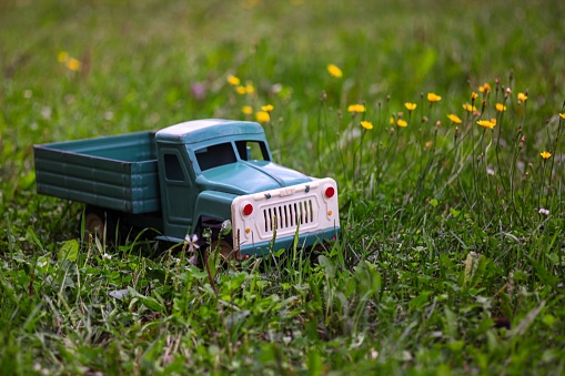 A miniature blue soviet cargo truck toy in green grass and colorful flowers of meadow