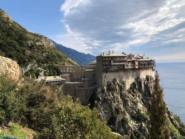 istock Beautiful view of Simonopetra Monastery and a cloudy sky in Greece 1432821910