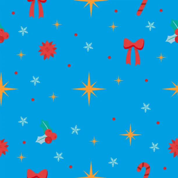 Vector illustration of Christmas pattern with stars, snowflakes, Christmas, bows. Vector graphics
