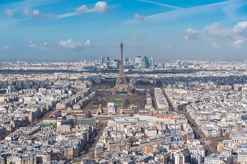 aerial view of Paris, the Eiffel tower in blue sky, typical buildings and roofs