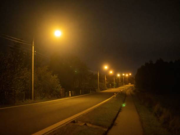 istock Empty rural road illuminated by street lamps at night. 1432829587