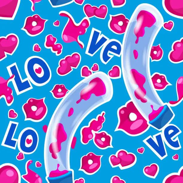 Vector illustration of Lava lamp, hearts and lips with text in the form of stickers on a colorful abstract background. Love seamless background in flat style for web applications, presentations, print.