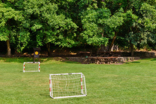 istock Small football field with two small goals outdoors on green grass 1432831355